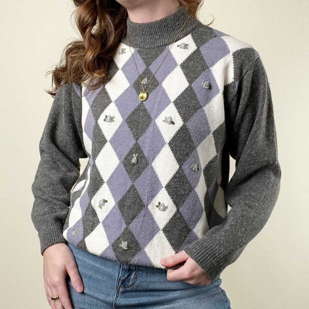 Vintage Argyle 3-D Knit Floral Embroidered Knit Mock Neck Crew Sweater Preppy 3D